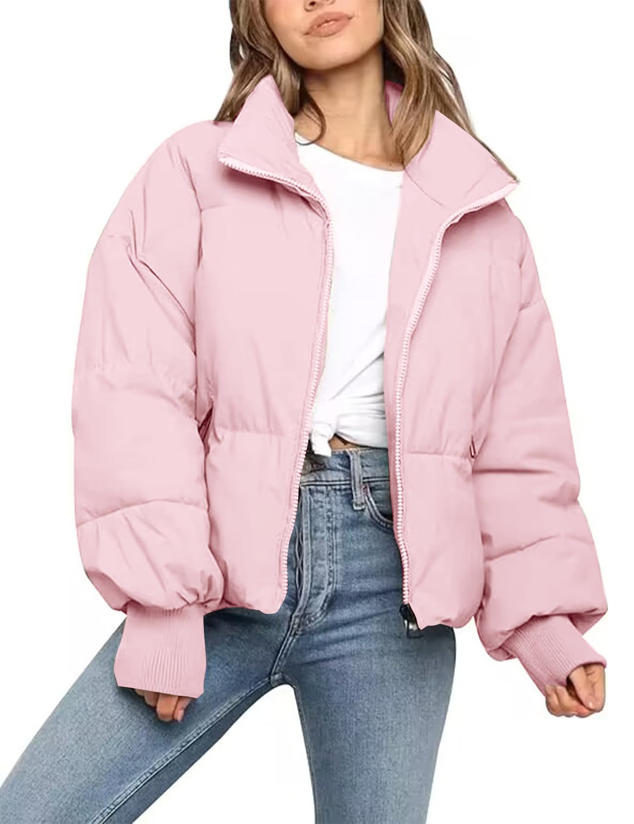 Flygo Winter Cropped Puffer Jacket Coats for Women 2025 Short Warm Quilted Jackets Outerwear with Pockets